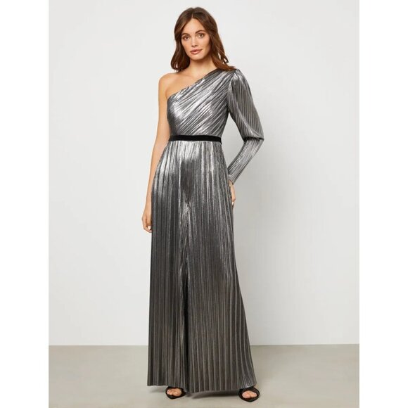 NWT BCBG MaxAzria Metallic One Shoulder Jumpsuit in Gunmetal Pleated Jumper S